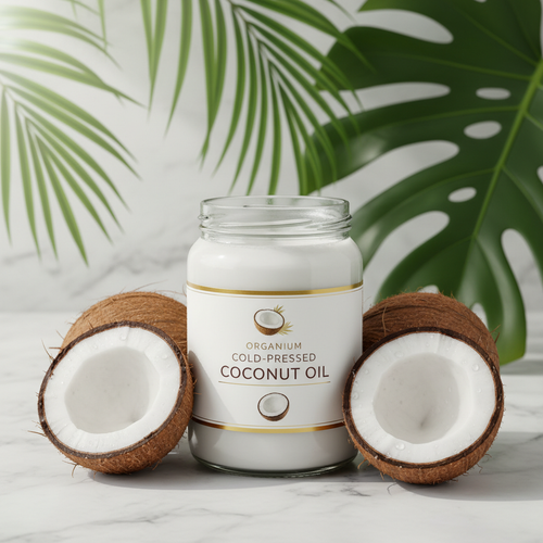 Cold-Pressed Coconut Oil in a glass jar surrounded by fresh coconuts and tropical leaves