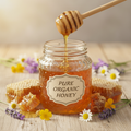 Raw Organic Honey in a rustic jar with honey dipper and wildflowers